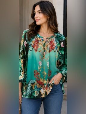 Bellissima Large Colorful Boho Tunic Blouse Floral Paisley Print